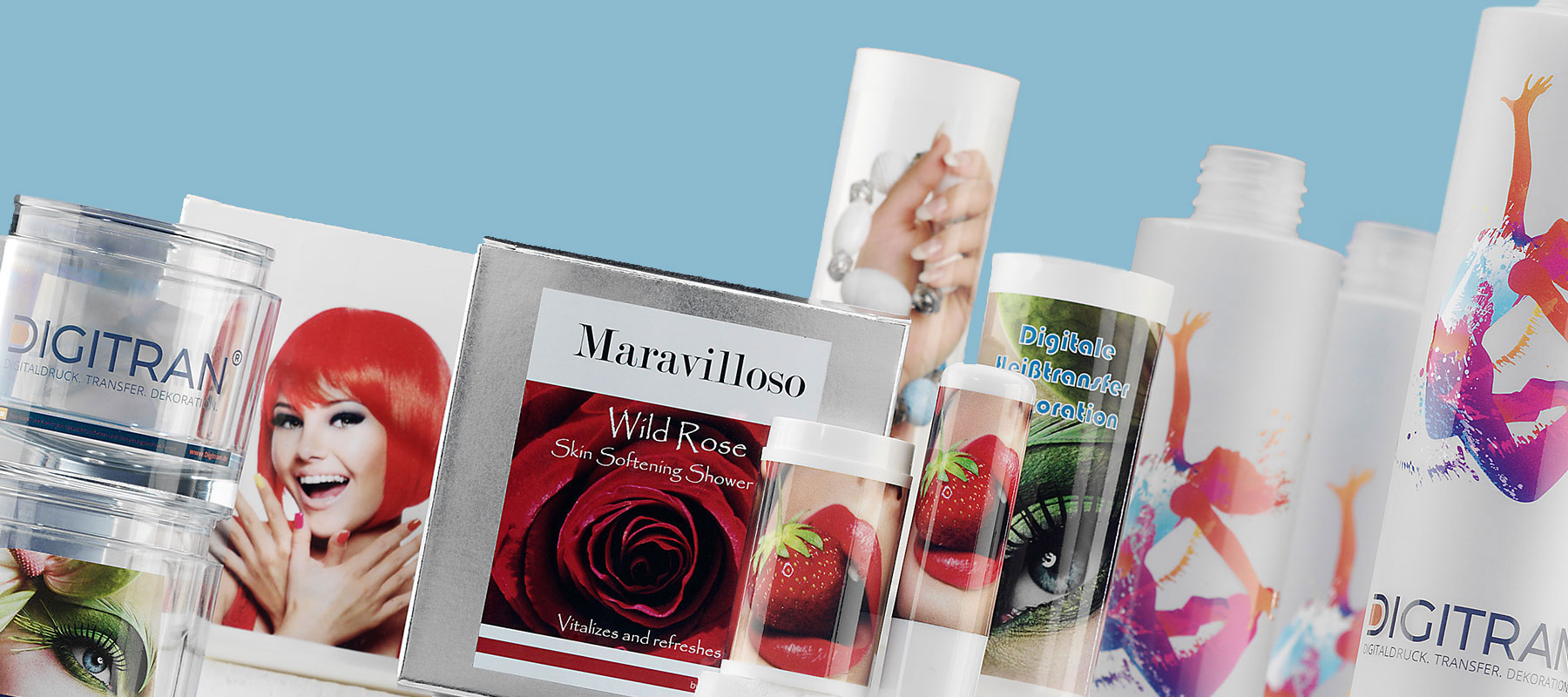 Kosmetikartikel - Beautyprodukte dekoriert mit DIGITRAN Heißtransferbildern Kosmetikartikel - Beautyprodukte dekoriert mit DIGITRAN Heißtransferbildern